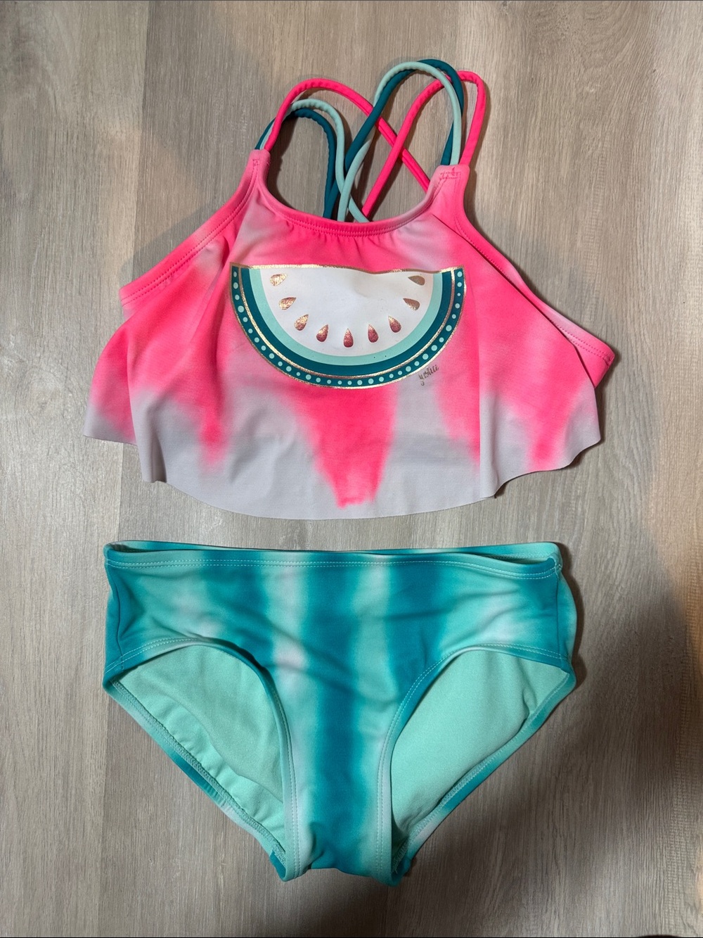 Justice Girls Pink & Teal Watermelon Two-Piece Swim Set